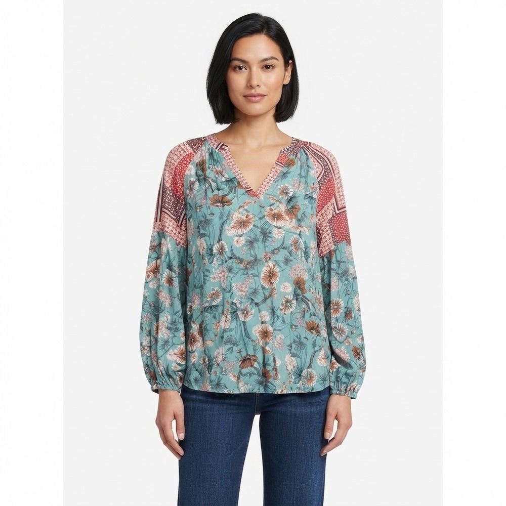 Jodifl Womens Teal Floral Boho Blouse Mixed Print V-Neck Balloon Sleeve Small